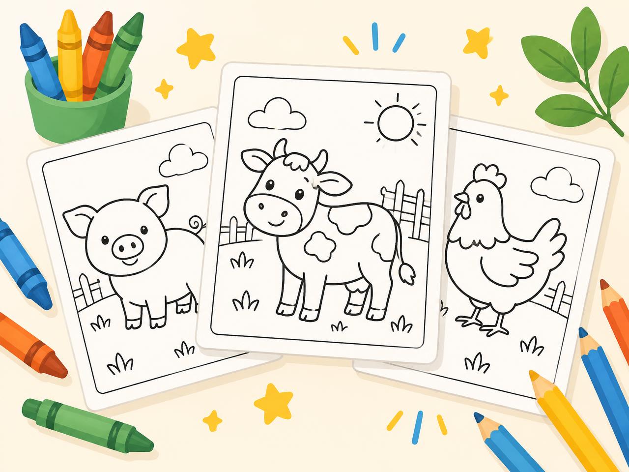 Folhas de atividades para colorir com animais, lápis e giz de cera
